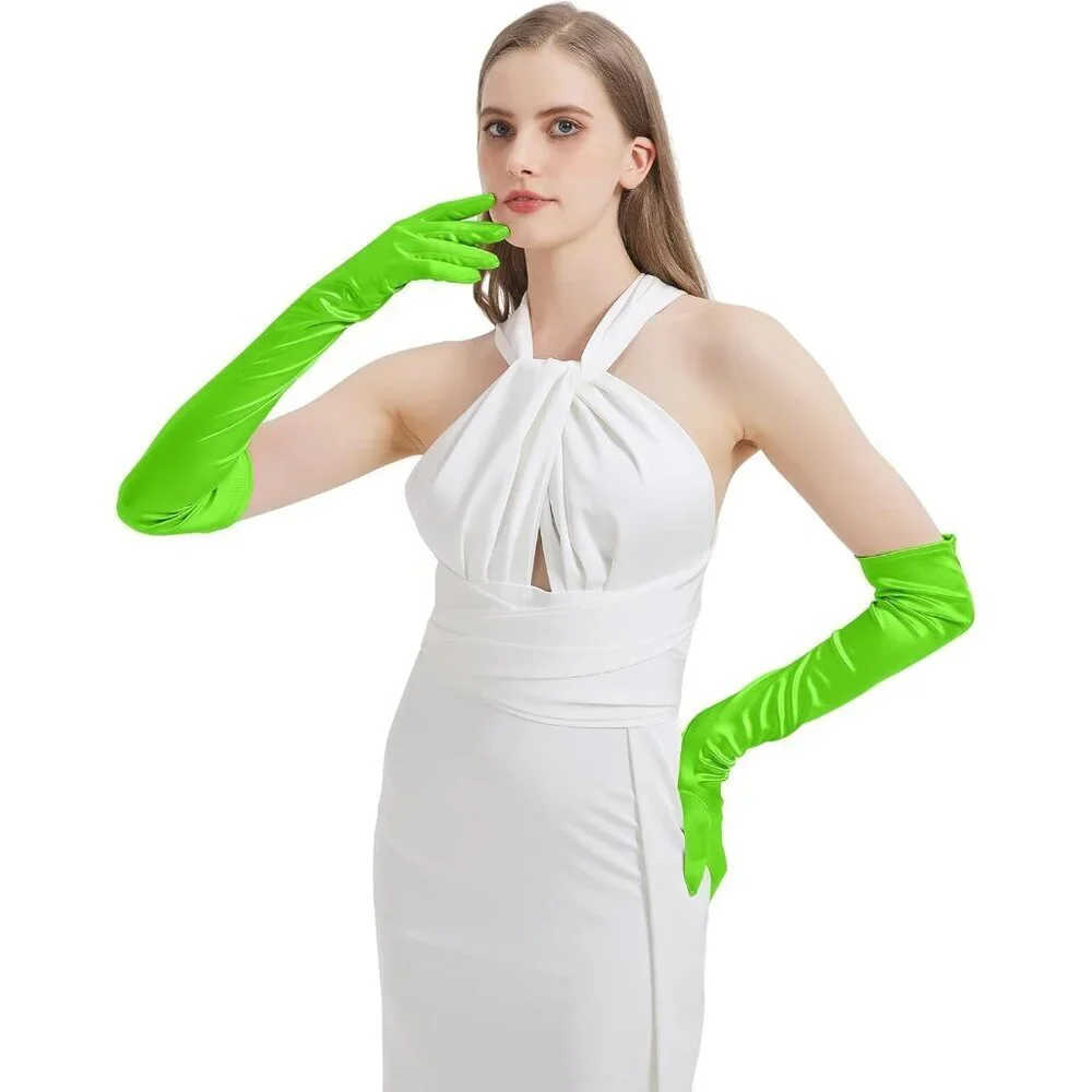Women's Neon Green Imported Satin Elbow Length Halloween Cosplay Opera Gloves